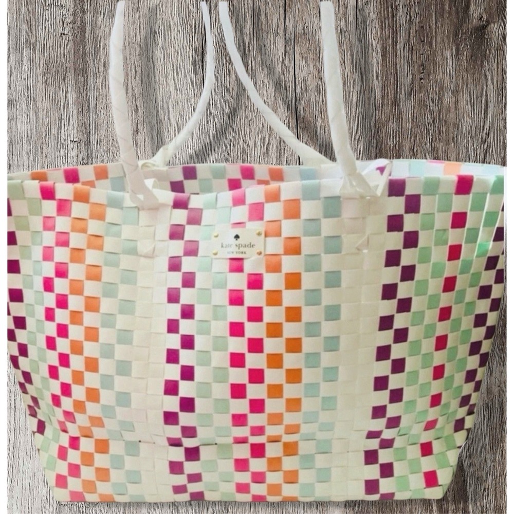 Kate Spade Rainbow Checkered Woven Large Tote Beach Carryall NWOT